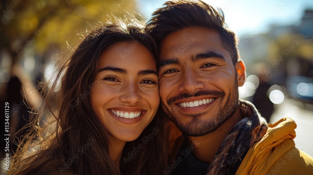 Two friends stand close together in a vibrant city, both smiling brightly and radiating joy on a sunny day Two friends stand close together in a vibrant city, both smiling brightly and radiating joy on a sunny day
