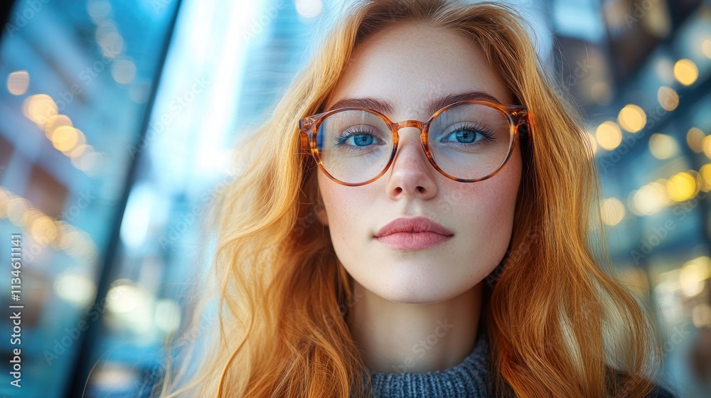 Woman with red hair and glasses stands in bright city environment with reflections and warm atmosphere Woman with red hair and glasses stands in bright city environment with reflections and warm atmosphere