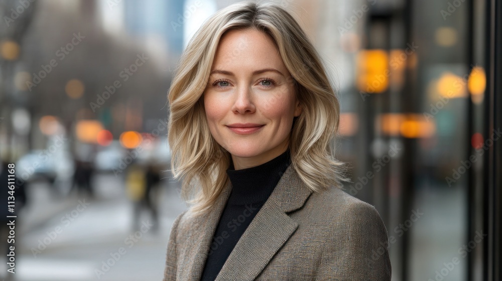 A woman with blonde hair stands confidently in a business outfit on a busy city street A woman with blonde hair stands confidently in a business outfit on a busy city street