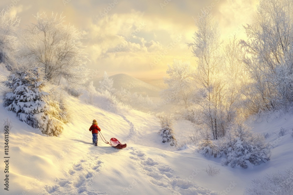 Child pulling sled up snowy hill, winter wonderland landscape Child pulling sled up snowy hill, winter wonderland landscape