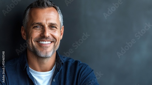 Man with gray hair and a cheerful smile gazes confidently at the viewer in a casual outfit