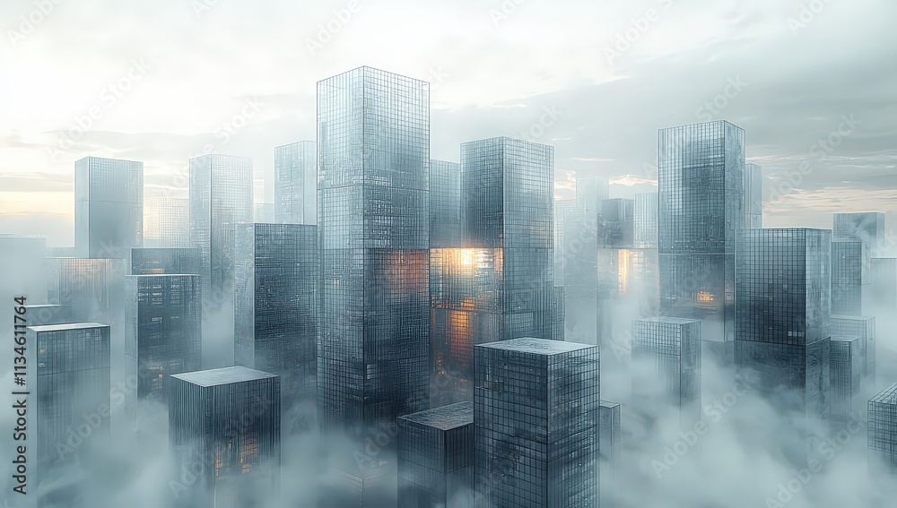 buildings made from many small glass boxes stacked on top of each other, creating a cityscape under a grey sky buildings made from many small glass boxes stacked on top of each other, creating a cityscape under a grey sky