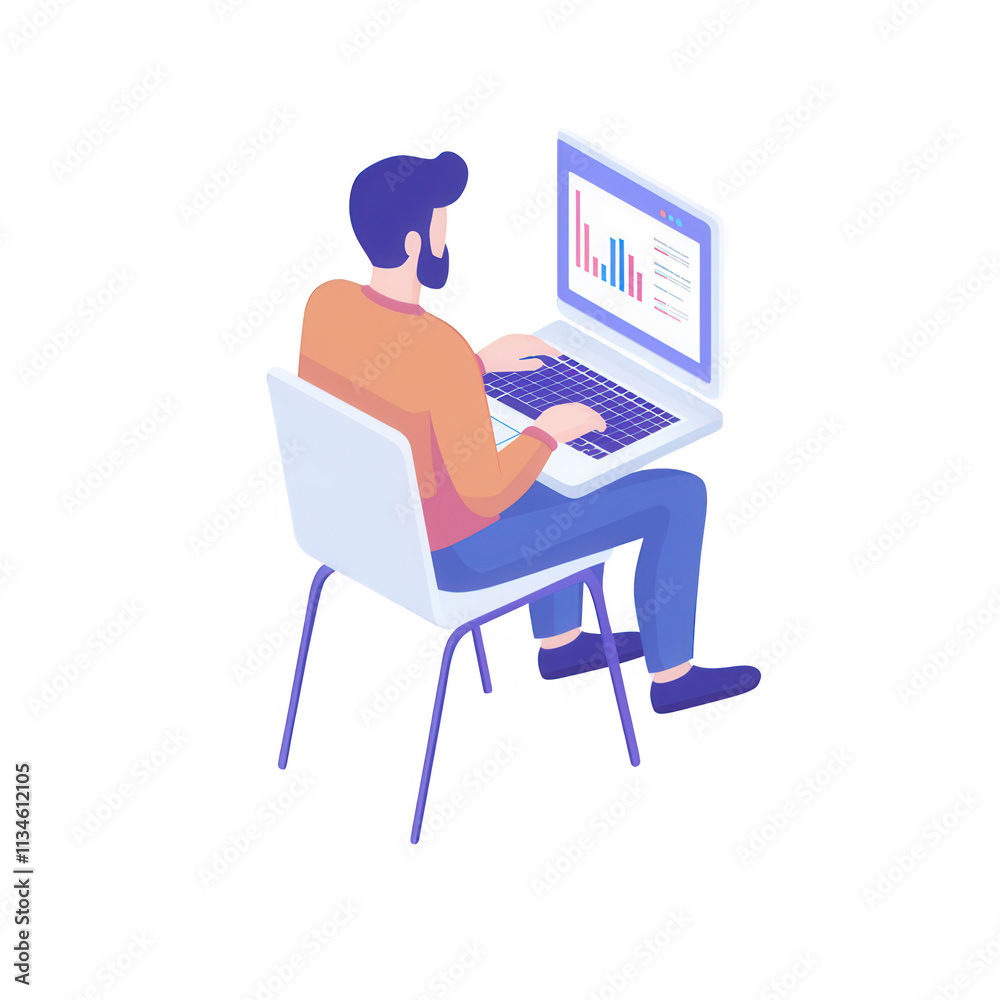A young professional analyzing data on a laptop at a modern workspace., isolated on a transparent background.