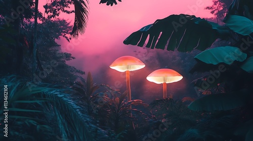 Wallpaper Mural Glowing Mushrooms Illuminate a Tropical Night Forest Torontodigital.ca