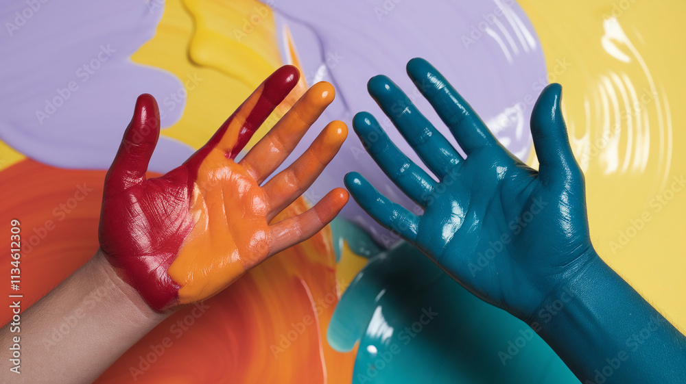 Paint-covered hands with vibrant colors against a colorful background
Paint-covered hands with vibrant colors against a colorful background