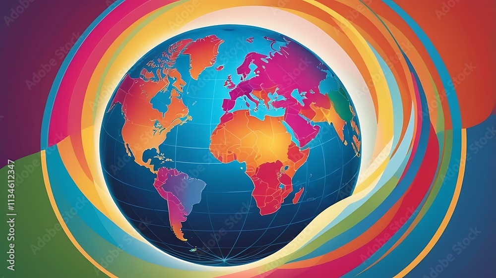Naklejka premium Colorful World Map Globe Surrounded by Vibrant Swirls