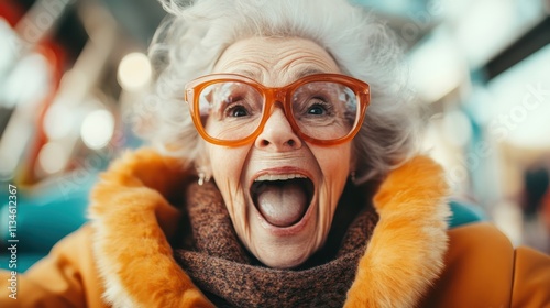 An excited elderly woman in a vibrant orange coat and large glasses, her mouth open wide in thrilled amusement, capturing the essence of joy and carefree expression. photo