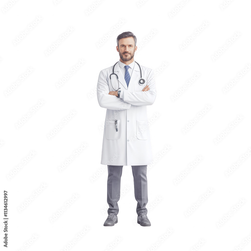 Confident male doctor standing with arms crossed, wearing white coat and stethoscope., isolated on a transparent background. Confident male doctor standing with arms crossed, wearing white coat and stethoscope., isolated on a transparent background.
