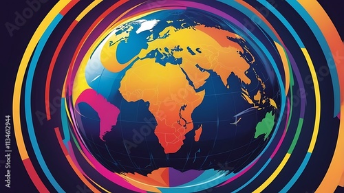 Colorful Globe Surrounded by Vibrant Swirling Lines