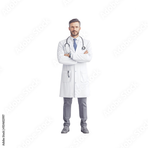 Confident male doctor standing with arms crossed, wearing white coat and stethoscope.