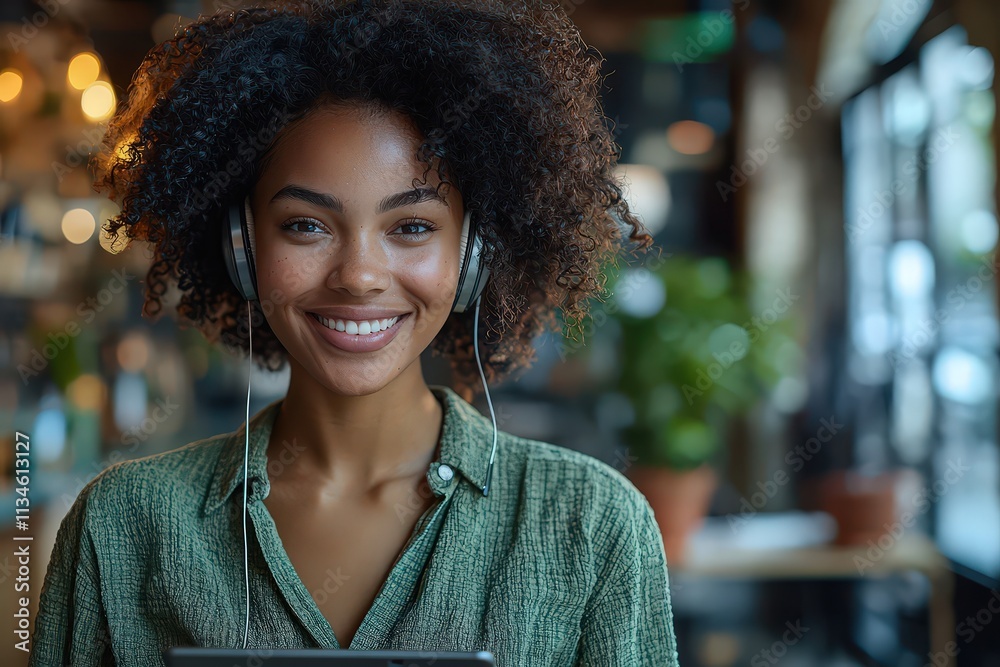 A beautiful Black woman smiling and wearing a green shirt, using a tablet with headphones in the office A beautiful Black woman smiling and wearing a green shirt, using a tablet with headphones in the office