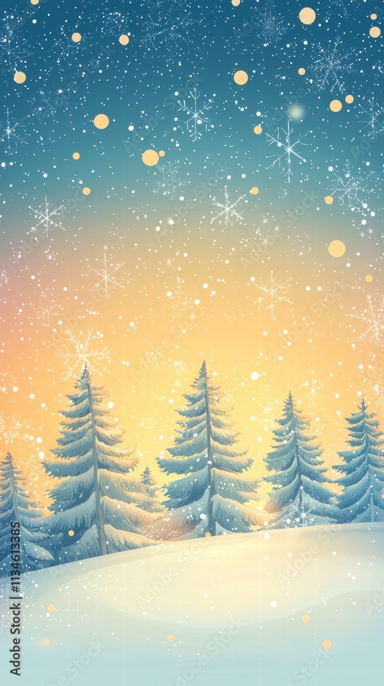Fototapeta premium Enchanting snowy fir trees with warm glow and festive sky