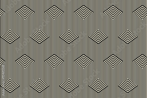 Abstract seamless pattern background with vertical line op art optical illusion in  back and pale brown color. Vector illustration. For textile cloth print wallpaper cover floor crockery decoration