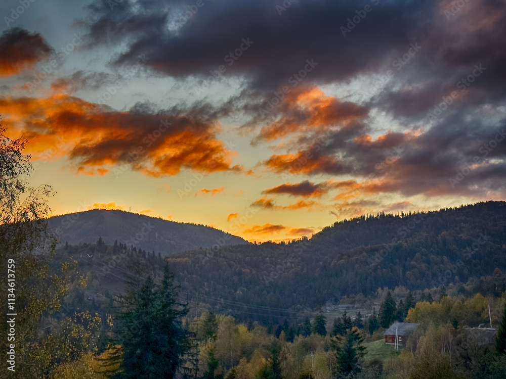 Fototapeta premium The landscape of Carpathian Mountains in the sunny weather. Perfect weather condition in the autumn season