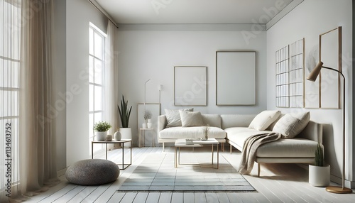 Minimalist White Living Room with Natural Light and Neutral Accents.