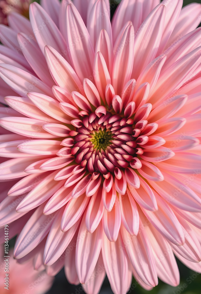 Blooming chrysanthemum or daisy flower, close-up floral petals as botanical background, isometry, with white tones Blooming chrysanthemum or daisy flower, close-up floral petals as botanical background, isometry, with white tones