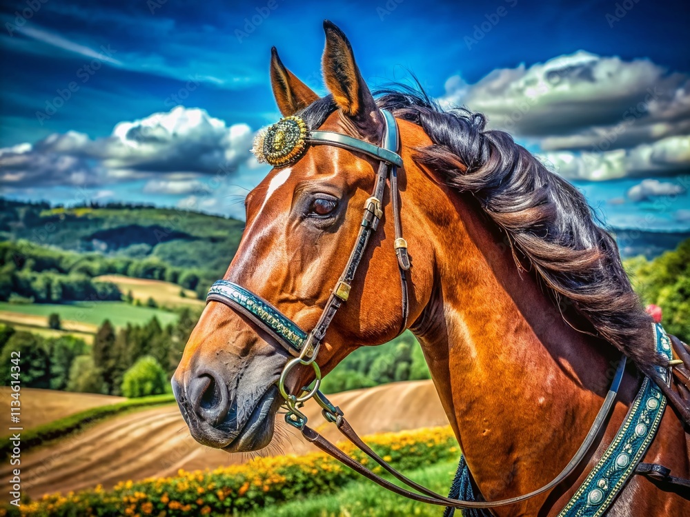 Obraz premium Aerial Photography of a Majestic Horse's Head in a Bridle Capturing the Beauty and Elegance of Equine Features in Natural Surroundings