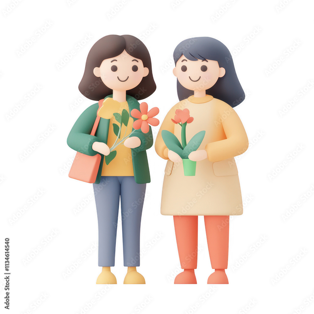Two happy women holding colorful flowers in a friendly environment., isolated on a transparent background. Two happy women holding colorful flowers in a friendly environment., isolated on a transparent background.