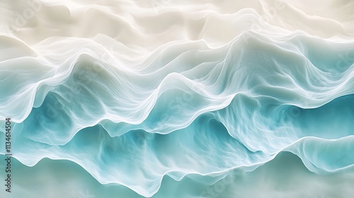 Dynamic wave patterns in soft aquamarines and whites forming flowing textures over a sandy background