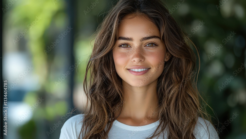 A beautiful young woman with long brown hair is smiling at the camera, standing outdoors in front of green trees on a sunny day. A beautiful young woman with long brown hair is smiling at the camera, standing outdoors in front of green trees on a sunny day.