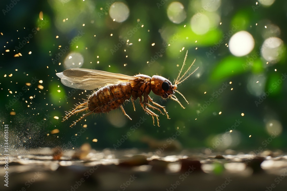 Naklejka premium Insect in flight, particles scattered, blurred background.