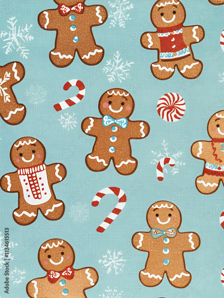 Obraz premium A festive pattern featuring gingerbread cookies and candy canes on a light blue background.