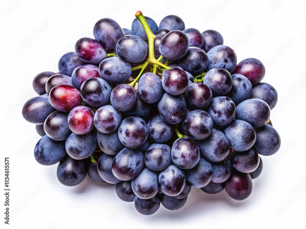 Fototapeta premium Aerial Photography of Dark Grapes on White Background, Perfect for Food and Beverage Marketing, Healthy Eating Concepts, and Culinary Use with Ample Copy Space for Your Creative Needs