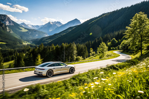Modern Electric Car Driving Along Scenic Mountain Roads in Summer Sunshine