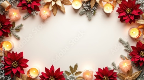 Glowing Christmas Candles and Poinsettia Flowers