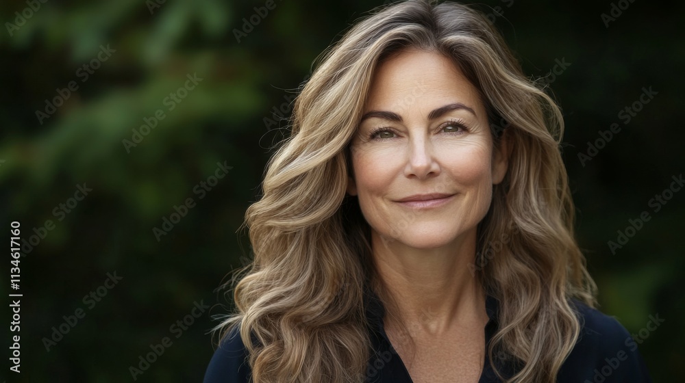 Confident Woman with Long Wavy Hair Smiling Outdoors Portrait Confident Woman with Long Wavy Hair Smiling Outdoors Portrait