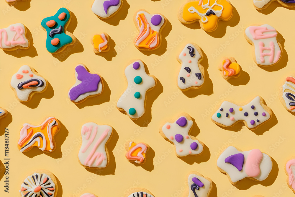 Fototapeta premium Colorful, abstract-shaped cookies displayed on a yellow background.