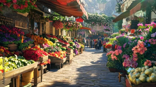 Traditional French market filled with fresh produce and vibrant flowers