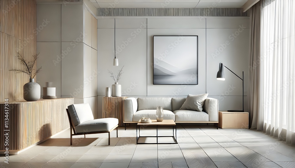 Fototapeta premium Minimalist Living Room with Neutral Tones and Wood Accents.