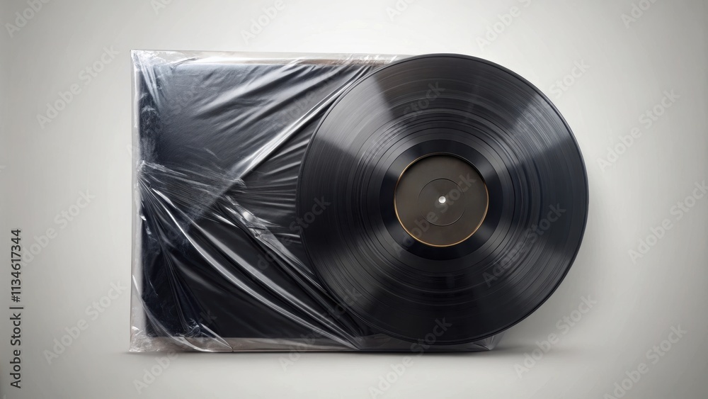 Fototapeta premium Black vinyl record album cover wrapped in plastic, vinyl, record, album, cover, black, music, retro, vintage
