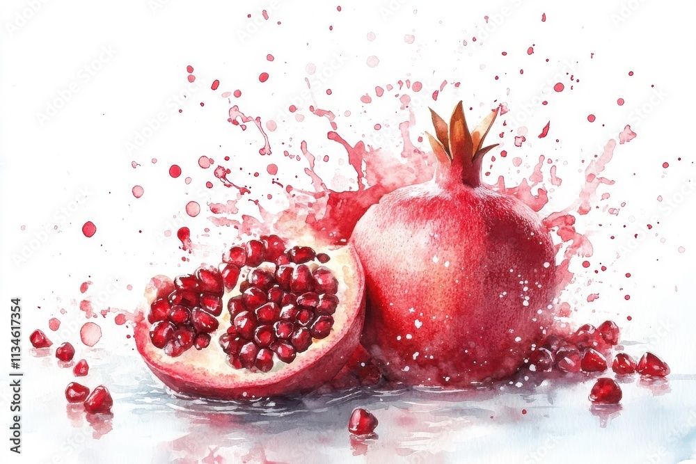 Watercolor splash of pomegranate fruit, isolated on a white background.
