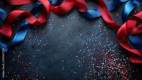 Festive Red Blue Ribbons & Glitter Background