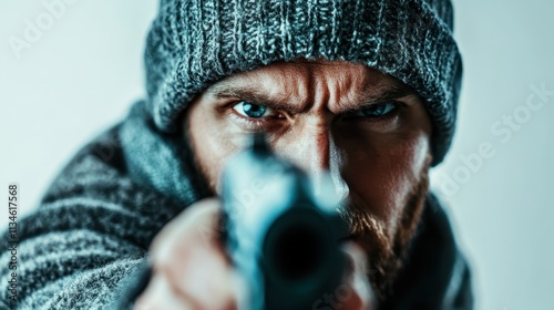 A focused figure in a knitted cap aims a gun, creating an atmosphere of intensity and suspense, capturing an instant of impending conflict or decision under tension. photo