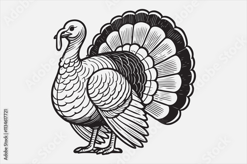 A black and white line art illustration of a turkey standing upright.