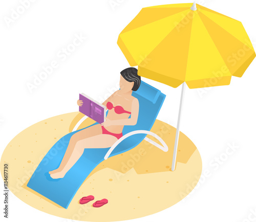 Woman enjoying a summer vacation, relaxing on a beach chair under a bright yellow parasol, absorbed in a book while basking in the warmth of the sandy beach