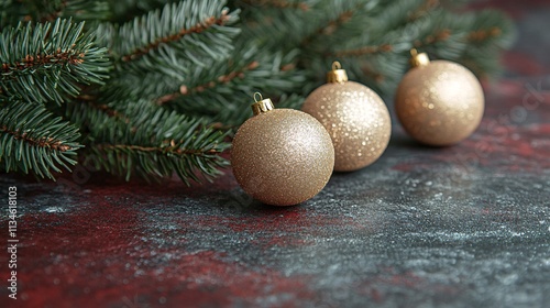 Gold Christmas Ornaments & Pine Branch