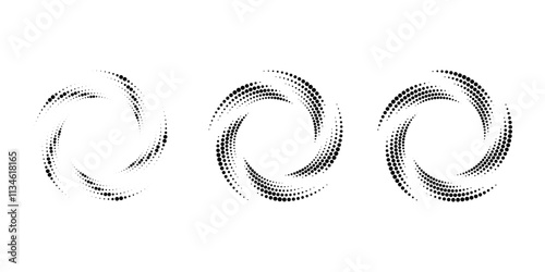 Set of dotted vortex shapes. Circle form. Geometric art. Trendy design element for logo, tattoo, sign, symbol, web, prints, posters, social media, template, pattern, abstract backdrop