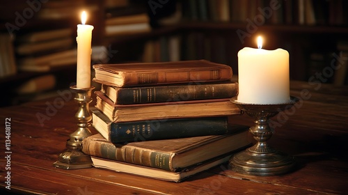Antique Books Illuminated By Burning Candles