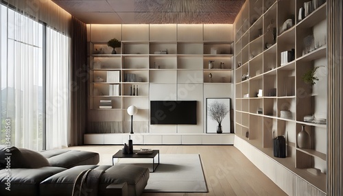 Minimalist Living Room with Built-in Shelving and Natural Light.