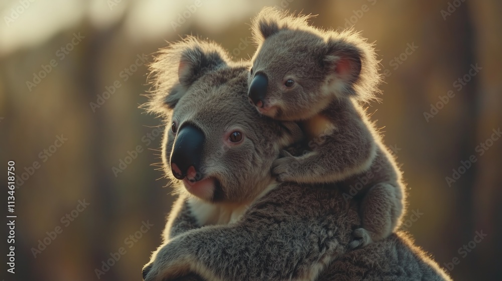 Mother koala carrying her joey on her back.