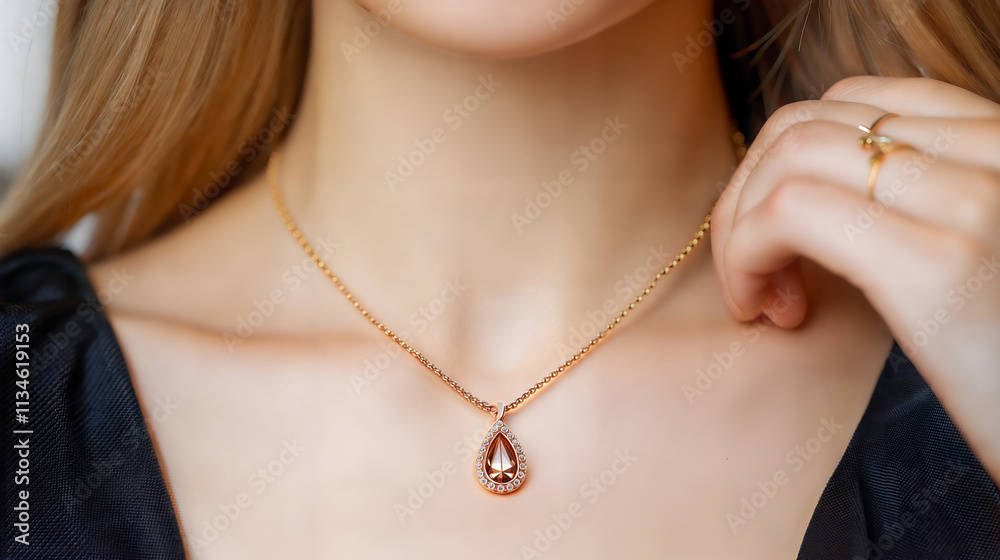 Chic woman trying on necklace in fashion boutique stylish environment jewelry shopping experience Chic woman trying on necklace in fashion boutique stylish environment jewelry shopping experience