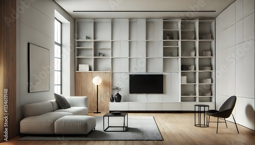 Neutral Modern Living Room with Built-In Shelving.