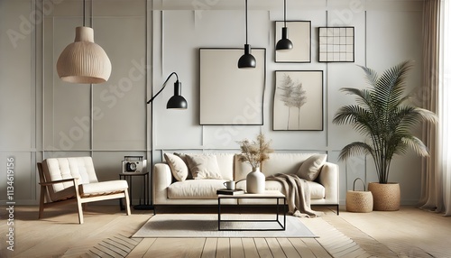 Neutral Minimalist Living Room with Wood Accents and Contemporary Art.
