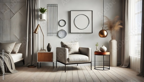 Neutral Modern Living Space with Decorative Wall Art.

