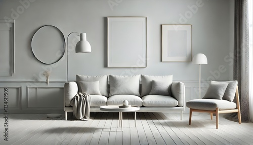 Blank Canvas: Minimalist White Living Room with Customizable Art