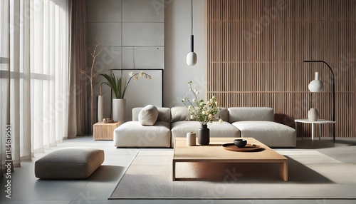 Minimalist Living Room: Bright, Neutral Tones and Light Wood Accents.